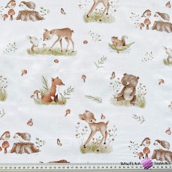 Cotton 100% deer and animals in the meadow on a white background