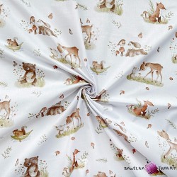 Cotton 100% deer and animals in the meadow on a white background