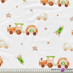 Cotton 100% trains and wooden toys on white background