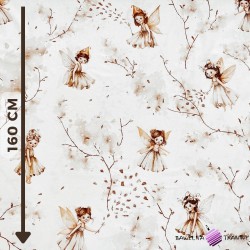 Cotton 100% beige fairies elves on white background