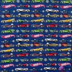 Cotton 100% Super Cars cars on a navy blue background
