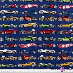 Cotton 100% Super Cars cars on a navy blue background