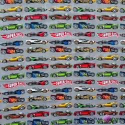 Cotton 100% Super Cars cars on a gray background