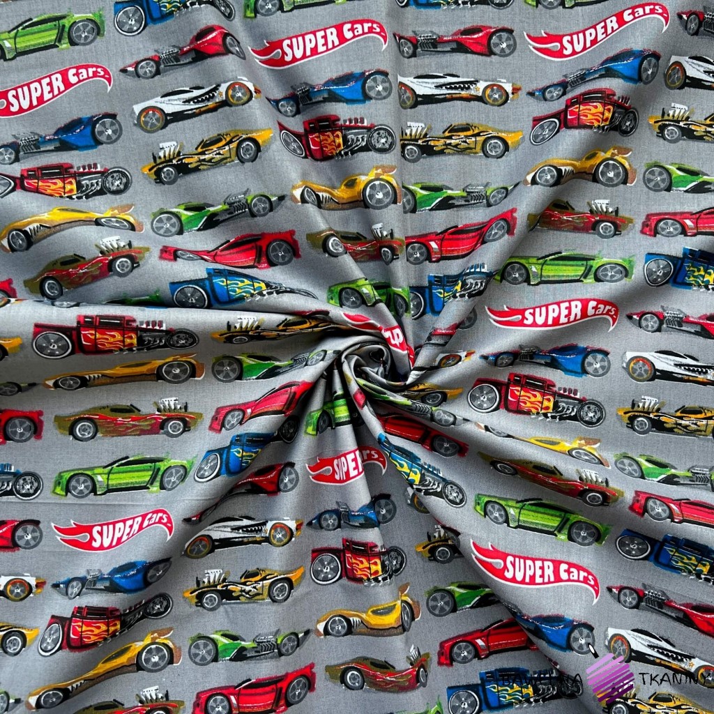Cotton 100% Super Cars cars on a gray background