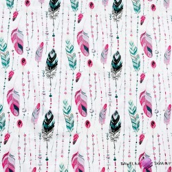 Cotton green & pink Feather with beads on white background
