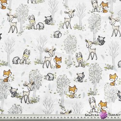 Cotton 100% deer and mini animals with trees on a white background