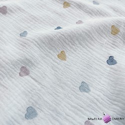 Double gauze printed muslin navy blue and mustard hearts