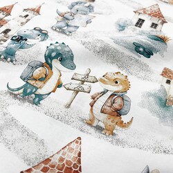 Cotton 100% orange and green dinosaurs on a trip on a white background