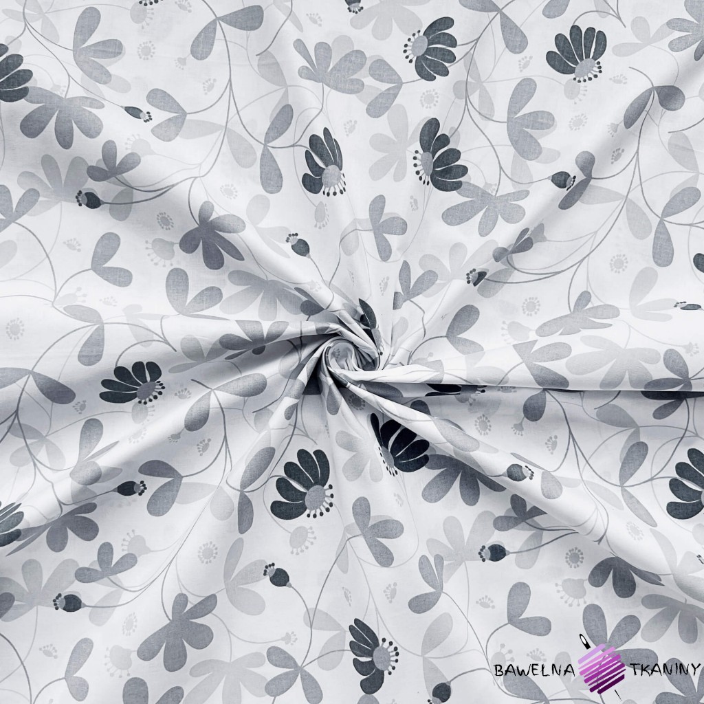 Cotton 100% graphite gray flowers on a white background