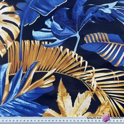 Cotton 100% large gold sapphire leaves on a black background