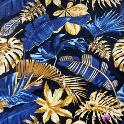 Cotton 100% large gold sapphire leaves on a black background