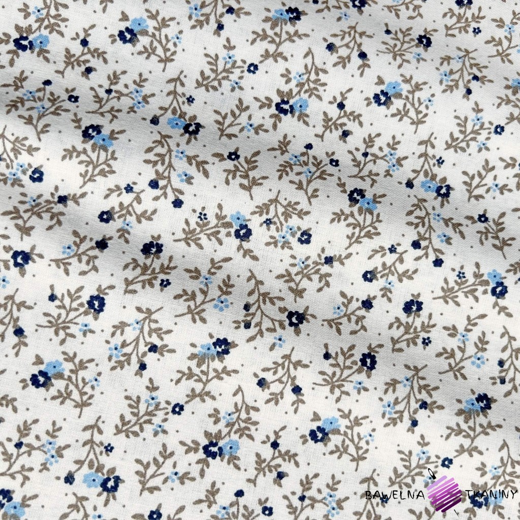 Cotton navy blue meadow on ecru background