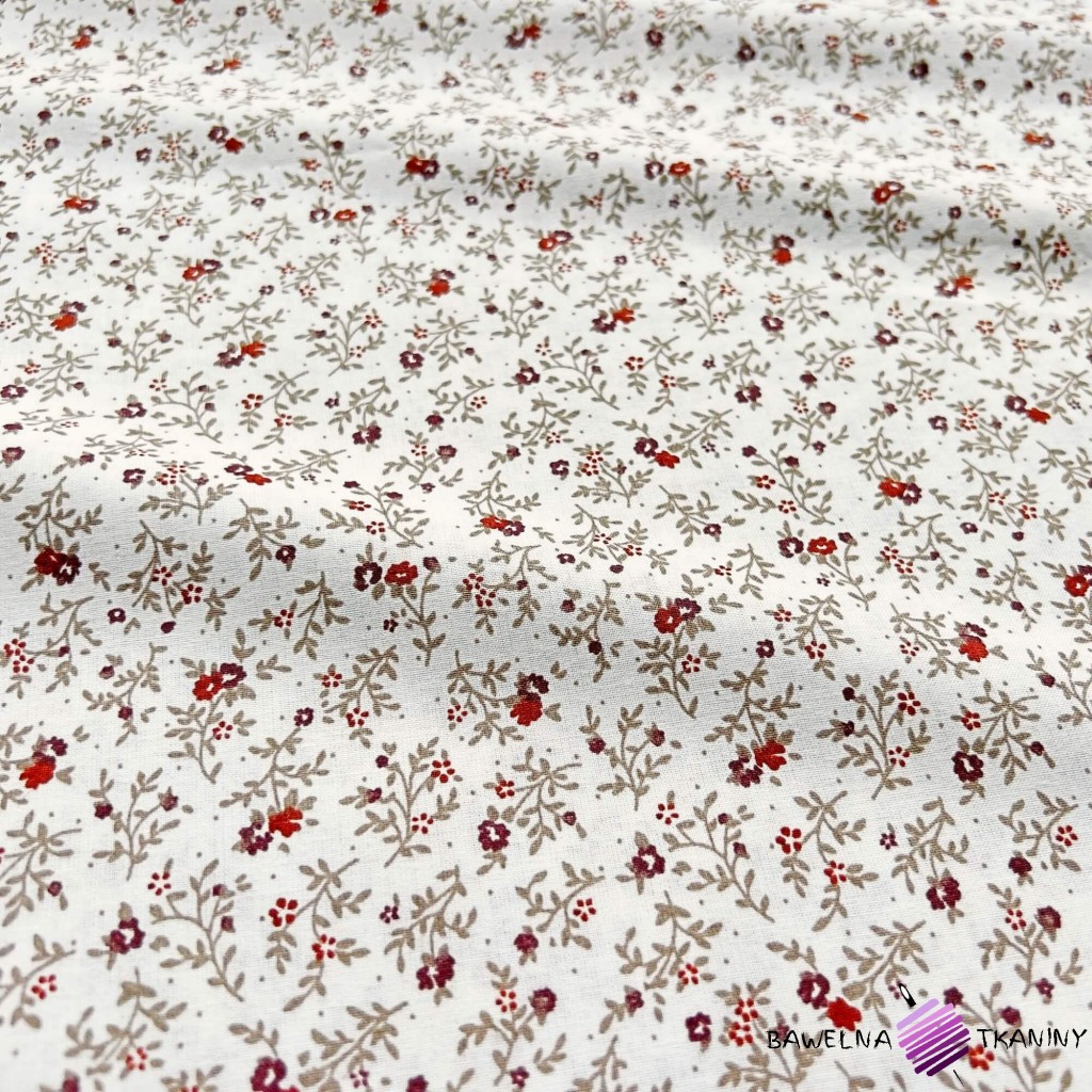 Cotton burgundy meadow on ecru background