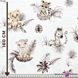 Cotton 100% beige African animals in tropical leaves