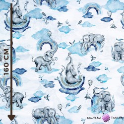 Cotton pastel blue elephants with a rainbow on a white background