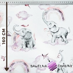 Cotton pastel pink elephants with a rainbow on a white background