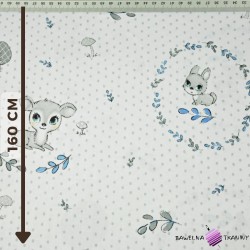 Cotton gray and blue deer with gray polka dots on white background