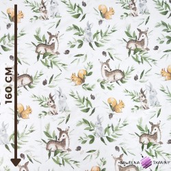 Cotton deer with bunnies and green leaves on a white background