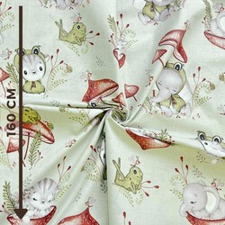 Cotton 100% animals and frogs on mushrooms on a pistachio background