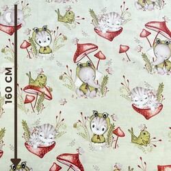 Cotton 100% animals and frogs on mushrooms on a pistachio background