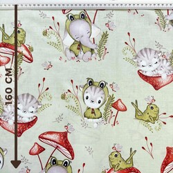 Cotton 100% animals and frogs on mushrooms on a pistachio background