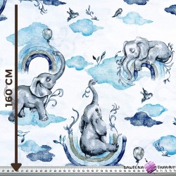 Cotton navy blue elephants with a rainbow on a white background