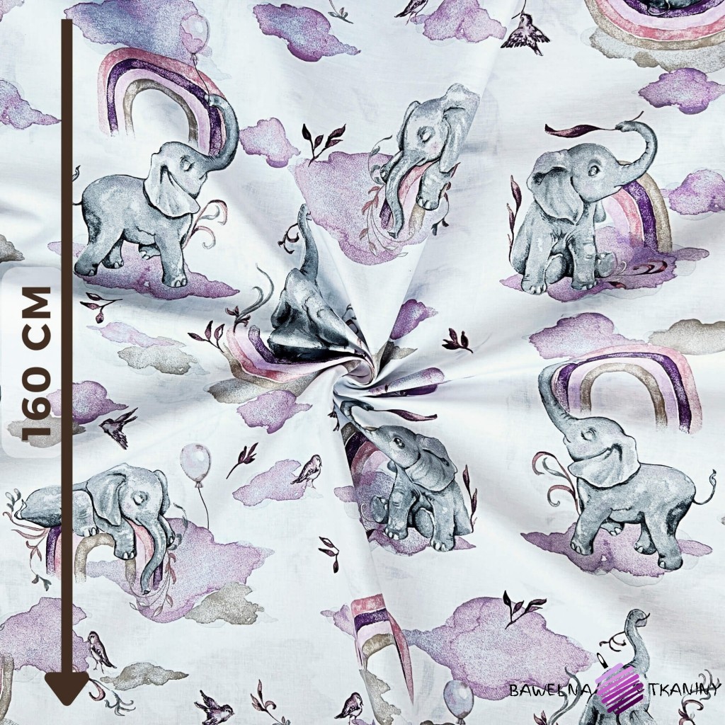 Cotton purple-pink elephants with a rainbow on a white background