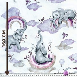 Cotton purple-pink elephants with a rainbow on a white background