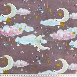 Cotton shiny gold moons with clouds on a purple background