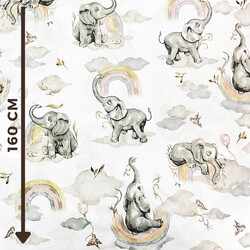 Cotton beige-grey elephants with a rainbow on a white background