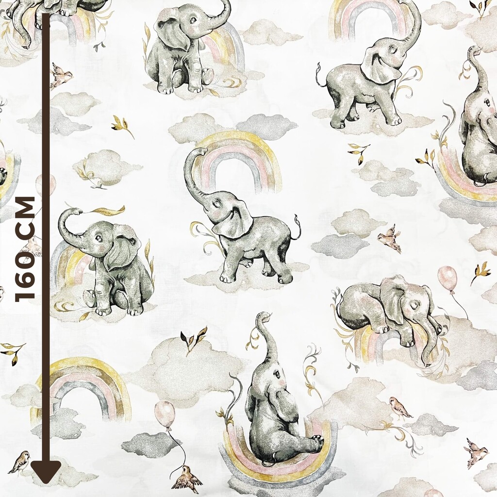 Cotton fabric beige-grey elephants with a rainbow | Fabric store