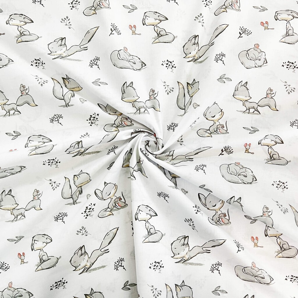 Cotton 100% gray foxes and mice on a white background