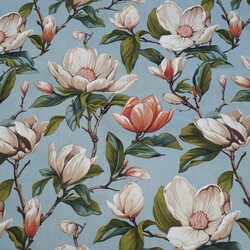 Cotton 100% beige magnolia flowers on a blue-gray background