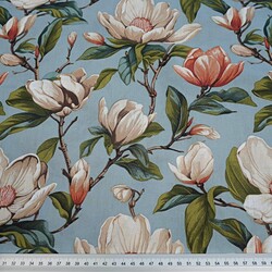 Cotton 100% beige magnolia flowers on a blue-gray background