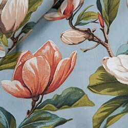 Cotton 100% beige magnolia flowers on a blue-gray background