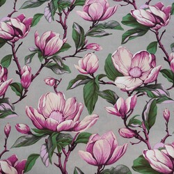 Cotton 100% pink magnolia flowers on a gray background