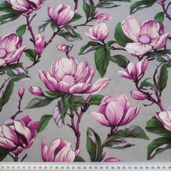 Cotton 100% pink magnolia flowers on a gray background