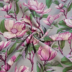 Cotton 100% pink magnolia flowers on a gray background