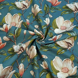 Cotton 100% beige magnolia flowers on a sea color background