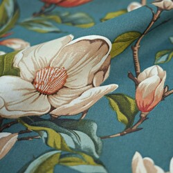 Cotton 100% beige magnolia flowers on a sea color background