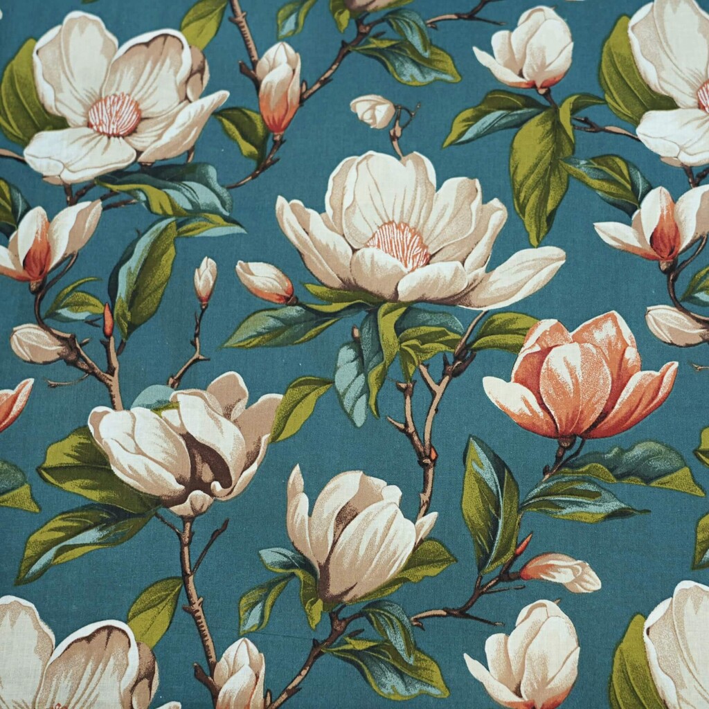 Cotton 100% beige magnolia flowers on a sea color background