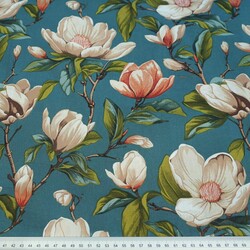 Cotton 100% beige magnolia flowers on a sea color background