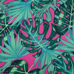 Sun lounger fabric with monstera leaves on a fuchsia background