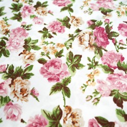 Cotton 100% pink and beige roses on a white background