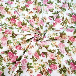 Cotton 100% pink and beige roses on a white background