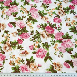 Cotton 100% pink and beige roses on a white background