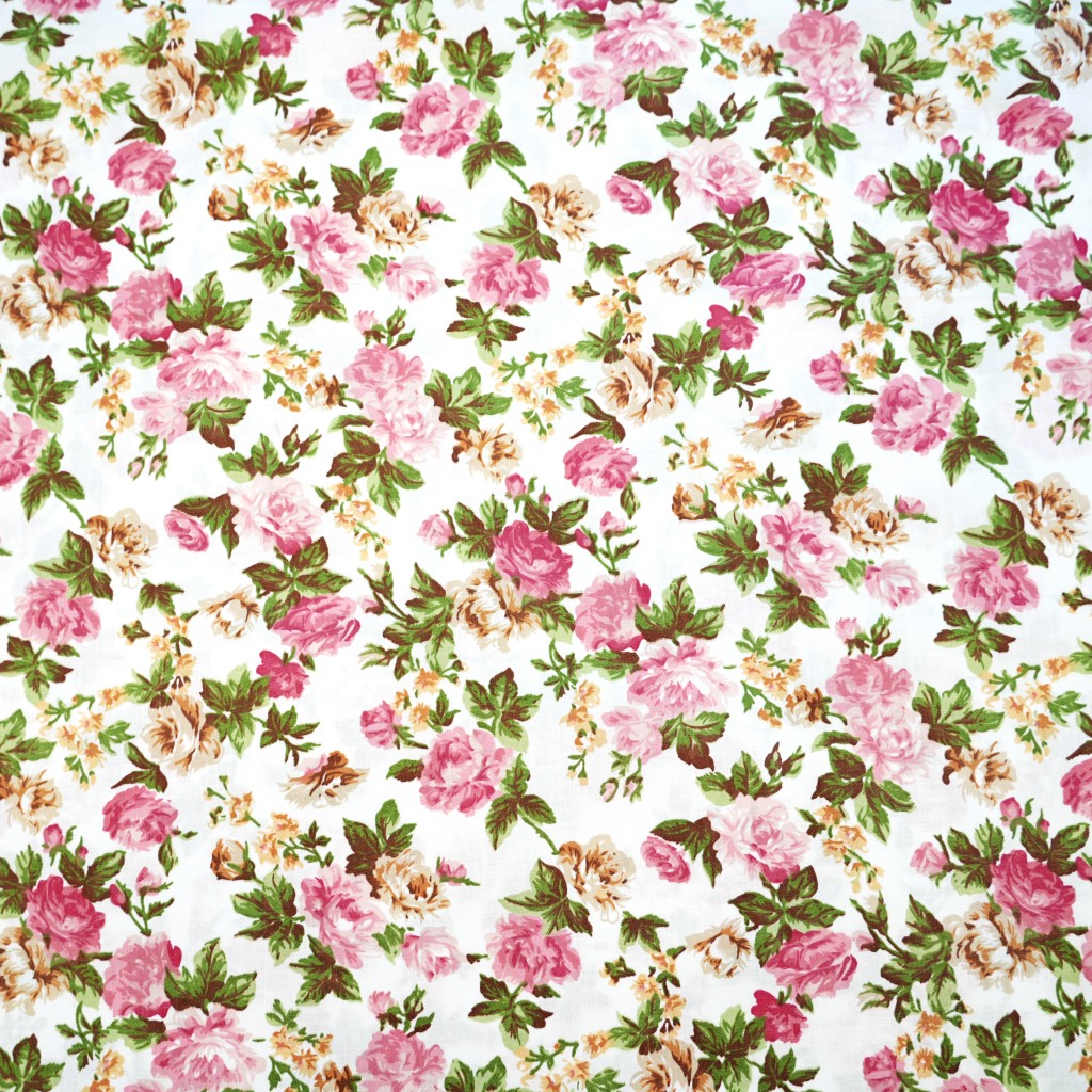 Cotton 100% pink and beige roses on a white background