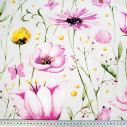 Cotton 100% large pink wild flowers on a white background