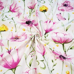 Cotton 100% large pink wild flowers on a white background