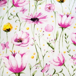 Cotton 100% large pink wild flowers on a white background